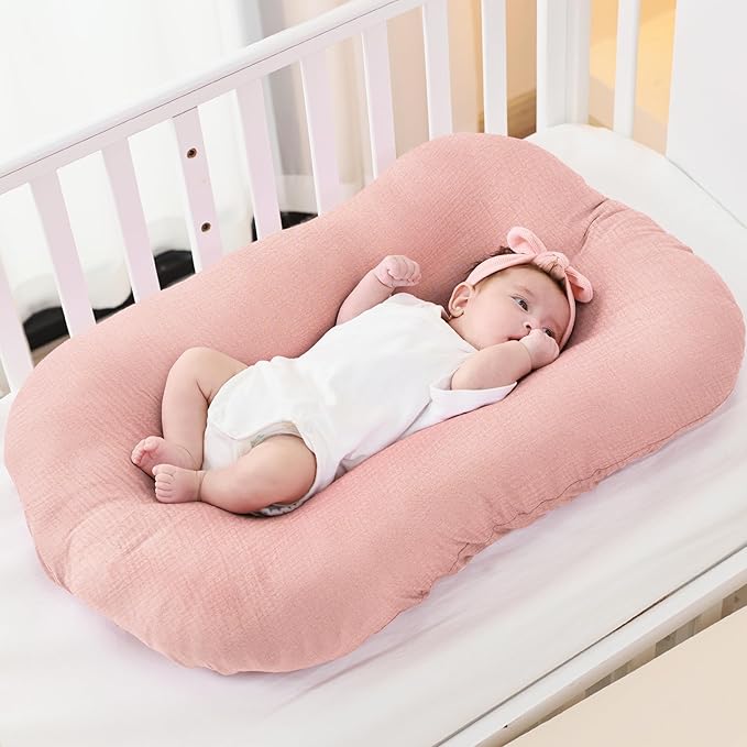 FUNUPUP Muslin Baby Lounger Cover Compatible with Snuggle Me Lounger, Infant Lounger Pillow Cover for Newborn, Removable Newborn Lounger Cover for Boys and Girls, Pink