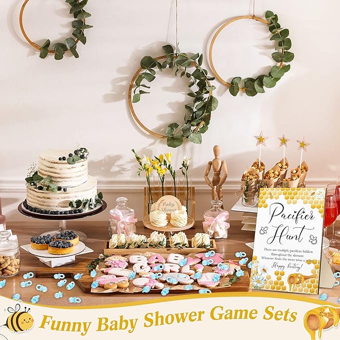 Roowest 51 Pcs Pacifier Hunt BabyShower Games Include Wooden Hunt Sign and 50 Acrylic Mini Plastic Pacifiers for BabyShower Game Decoration Gift Sets Gender Reveal Party