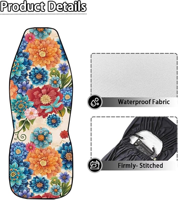 Hippie Floral Automobile Seat Cover, Universal Seat Covers for Front Seat Waterproof Elastic Polyester Car Seat Protector Covers Suitable for Cars, SUV and Trucks