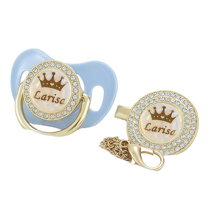 Personalized Any Name Bling Gold Silver Pacifier and Clip Set 18 Colors