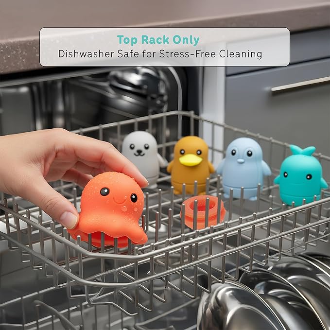 Ocean Friends Baby Bath Toys, Silicone Bath Toys for Babies 9 Months+, Toddler Bath Toys 1-3, Easy to Clean, Opens for Cleaning, 6-Piece Set