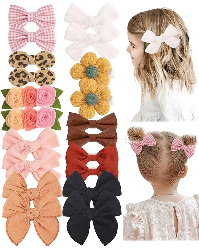 doboi Baby Girl Hair Clips 20PCS Baby Girl Bows Flower Cotton Prints Hair Accessories Fully Lined Alligator Hair Clips for Girls Toddler Kids