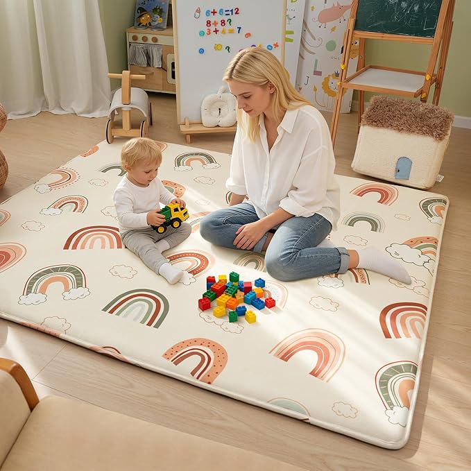 1.5" Thick Premium Baby Floor Play Mat, 71x59 Over-Sized Padded Memory Foam Mat, Tummy Time Crawling Playmat for Nursery Playroom Classroom, Rainbow