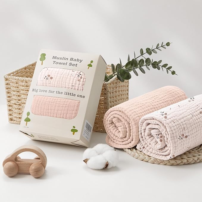 Susurration 2 Pack Thick Muslin Baby Towels, 100% Cotton Soft and Absorbent Baby Bath Hooded Towel for Newborn, Infant, Girls, Boys, Baby Essentials