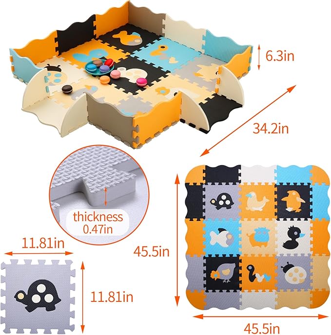 Foam Play Mat for Kids,25Pcs Square Interlocking Puzzle Floor Mat,Baby Play Mat Floor Mat Foam Puzzle Playmat for Toddlers with Fence(Animal-CSH018
