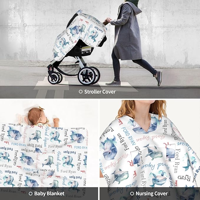 Personalized Winter Car Seat Covers for Babies with Name Whale Minky Baby Car Seat Cover for Boys Girls Custom Infant Carseat Covers Baby Blanket Nursing Cover Breastfeeding Scarf