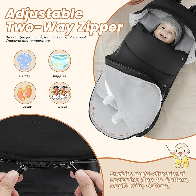 Bemece Warm Bunting Bag, Universal Winter Stroller Cover with Zip, Windproof Stroller footmuff for Baby Buggies Pushchair, Machine Washable