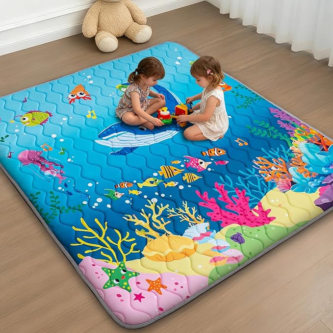 RONGFA Baby Play Mat for Floor, 71'' x 59'' Thicken Foam Soft Padded Mat for Baby, Playpen Mat for Toddlers Infant Kids, Machine Washable, Non-Slip Bottom Safe for Crawling (Sea)