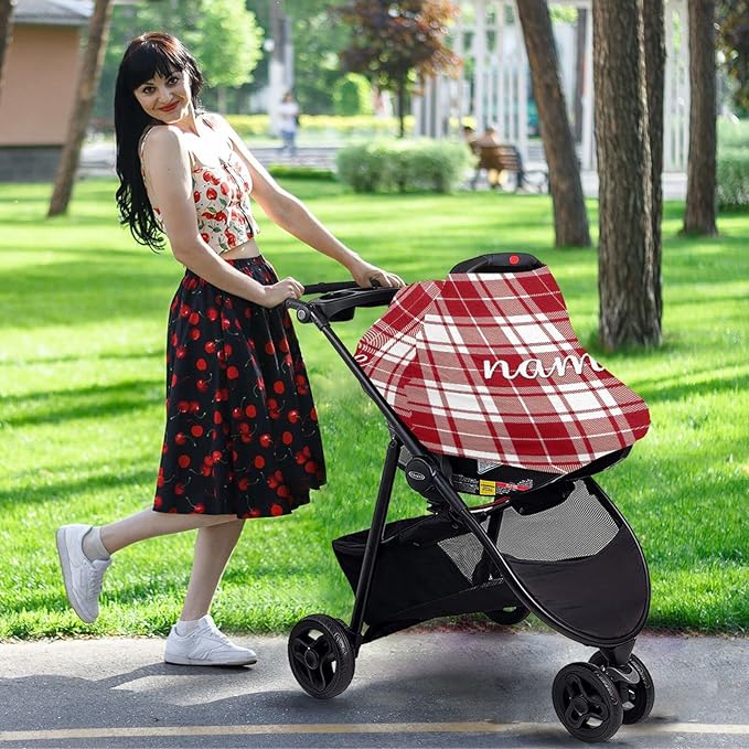 Personalized Baby Car Seat Cover for Babies, Custom Name Baby Car Seats Canopy for Boys Girls, Nursing Breastfeeding Stroller Covers for Infant Newborn, Shower Gift (Red Plaid)