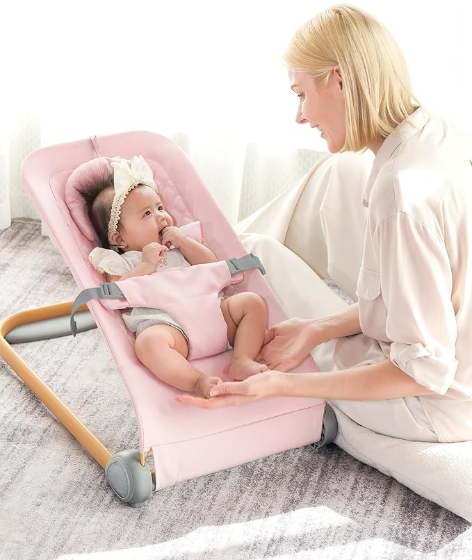 Fodoss Baby Bouncer, Ergonomic Design Bouncer Chair, Portable Baby Bouncer Seat for Infants, Bouncer for Babies 0-12 Month-Pink