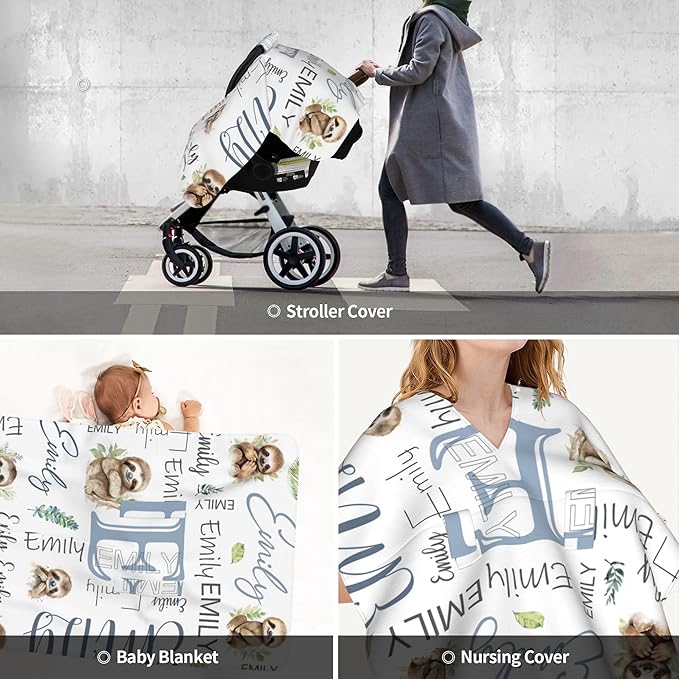 Personalized Baby Car Seat Cover Custom Name CarSeat Canopy Customized Sloth Newborn Nursing Breastfeeding Cover Minky Baby Blanket Infant Car Seat Canopies for Baby Girls Boys