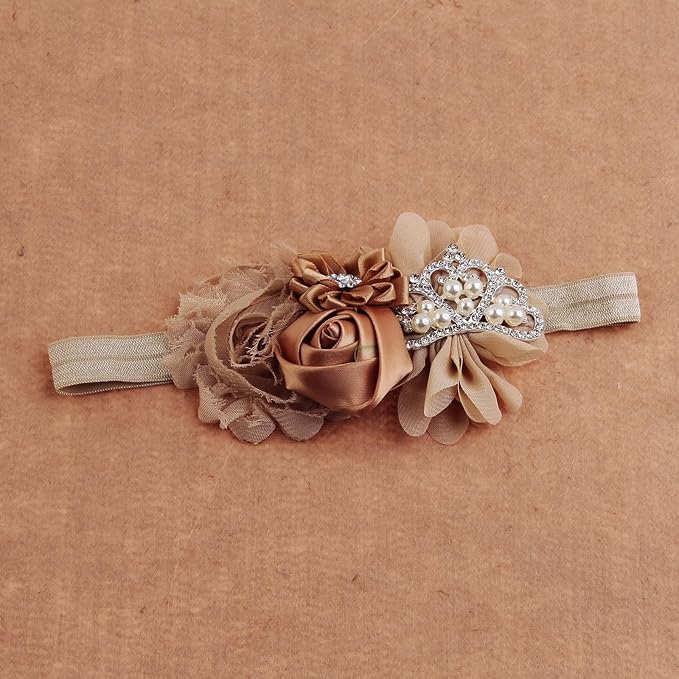 Nishine Baby Christening Headband Toddler Girls Fabric Flower Headband Tiara Stretchy Elastic in Pairs (Child, Pink/Khaki)