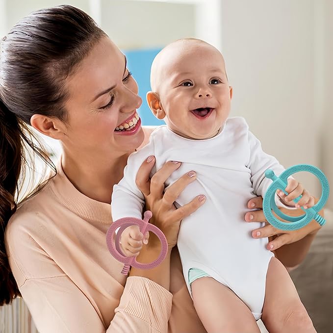 SOLIFEGOBLE 2-Pack Silicone Baby Teething Rings - Easy-Grip Chew Toys with Textured Surfaces, BPA-Free Teethers for Infants 3-12 Months (Light Green+Light Pink)