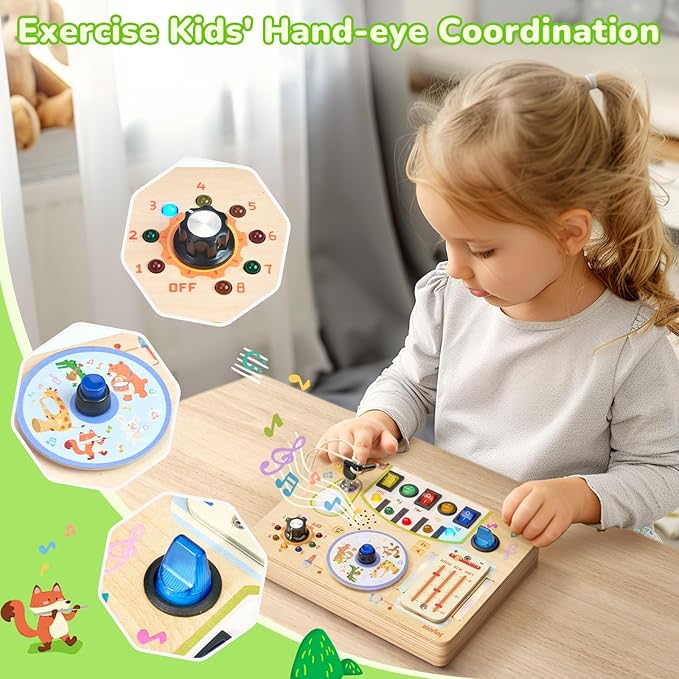 JoyCat Busy Board with Led Light, Toddler Toys for 1 2 3 4 Year Old Boys and Girls, Wooden Sensory Toys with Music, Travel Toy for Toddlers 1-3, Birthday Presents (Yellow)
