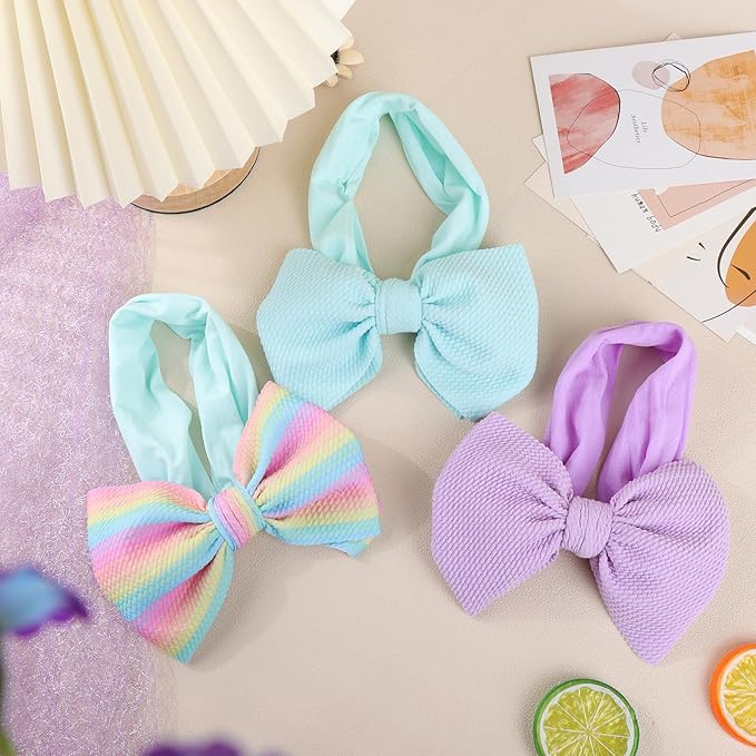 6'' Large Tied Bow Baby Headbands Handmade Hairbands with Bows High Stretchy Soft Nylon Headbands Baby Hair Accessories for Infant Baby Girls Light Blue Purple Rainbow Stripes