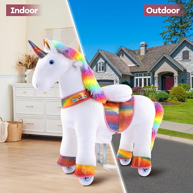 WondeRides Ride on Unicorn Horse Riding Pony Cycle Toys with Rainbow Glowing Wheels Size 4 for Age 4-9, 36 inch Height Riding Horse Unicorn Plush Giddy up Mechanical Toy for Child Boys Girls M432