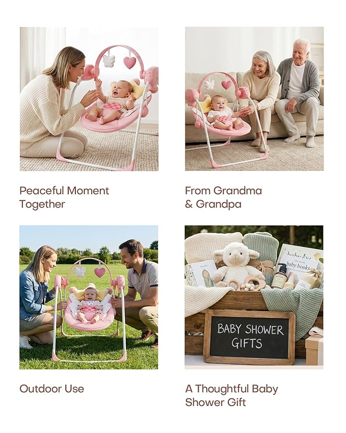 Baby Swings for Infants, Baby Girl Swing for Newborn, Portable Infant Swing with Music, Adaptable Speed, Timing, Soft Cushion, 0-9 Months 20 lbs(Pink)