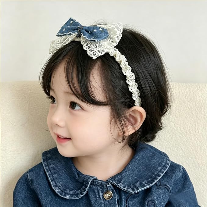 Baby Girls Hairbands Bow Lace Headband Handmade Soft Stretchy Pink Bowknot Hairbands Newborn Hairband with Bows Elastic Hair Bands for Kids Infant(Blue Denim Bow