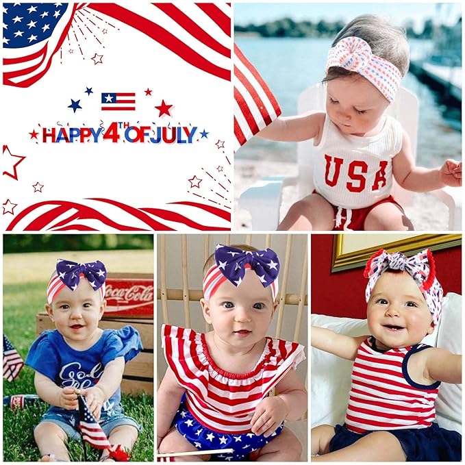 VOBOBE 4th of July America Flag Baby Headbands Cheer Bow, Baby Girls Red White Blue Star Spangled Patriotic Hair Bow for Newborns Toddlers Small Children,3 Pcs (Style B)