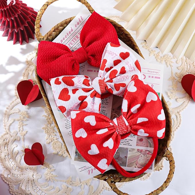 Baby Girl Bows Valentines Headbands Red Love Heart Hairbands 4.5'' Hair Bow Elastic Nylon Hairbands Hair Accessories for Newborn Infant Toddler 3Pcs