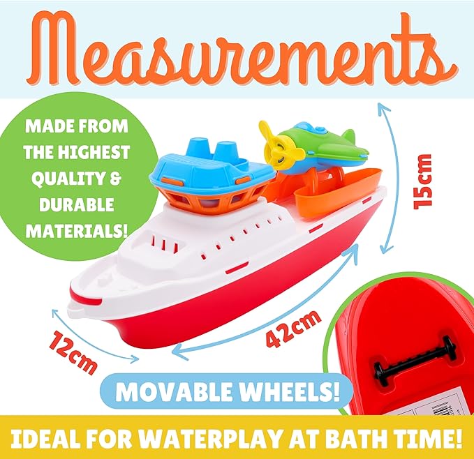 Toyland® 17" Floating Tugboat with Seaplane - Durable Water, Pool and Bathtub Toy for Kids 24 Months Plus - Non-Toxic & Easy Clean Plastic Boat