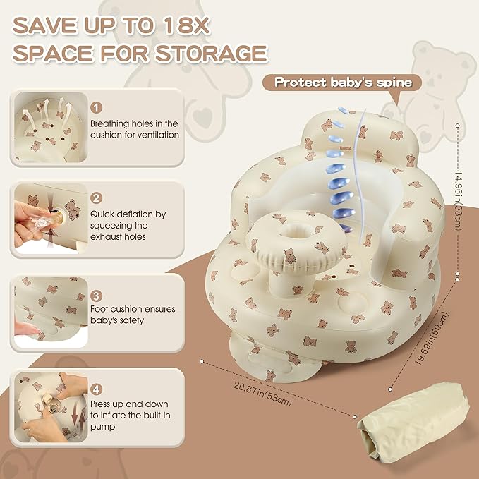 Inflatable Baby Seat for 3-36 Months, Back Support, Built-in Air Pump, Learning to Sit, Blow Up Floor Seat with Tray