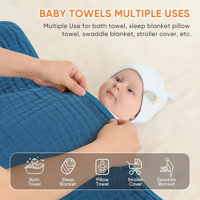 MIGIOL Muslin Baby Towels 100% Cotton ,Super Soft Muslin Baby Bath Towel - 32 x 32 Inches, Suitable for Newborn and Young Children up to 3 Years Old. (Light Blue & Dark Blue)