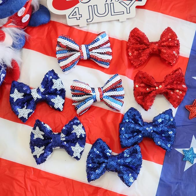 4th of July Sequin Hair Bows for Girls Blue Sparkly Alligator Clips Star Glitter Hair Accessories for Little Teen Toddler Girls Kids Independence Gift