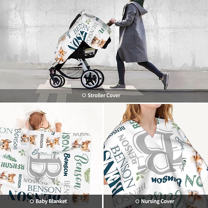 Personalized Winter Car Seat Covers for Babies with Name Fox Minky Baby Car Seat Cover for Boys Girls Custom Infant Carseat Covers Baby Blanket Nursing Cover Breastfeeding Scarf