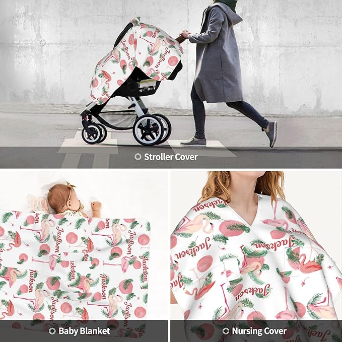 Personalized Car Seat Covers for Babies Custom Name Car Seat Canopy for Newborn Baby Boys Girls 2 in 1 Mom Nursing Breastfeeding Covers Flamingo Minky Baby Carrier Covers with Peekaboo Opening