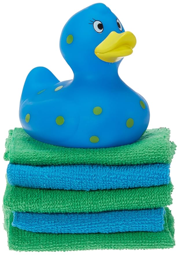 Rubber Duck with Washcloths, Blue/Yellow Dots
