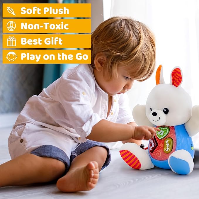 KiddoLab Easter Bunny Plush Toy - Musical Stuffed Animal with 3 Light-Up Buttons, 8 Fun Nursery Rhymes & Sound Effects - Soft Basket Stuffer for Infants, Babies, and Toddlers Aged 3 Months +