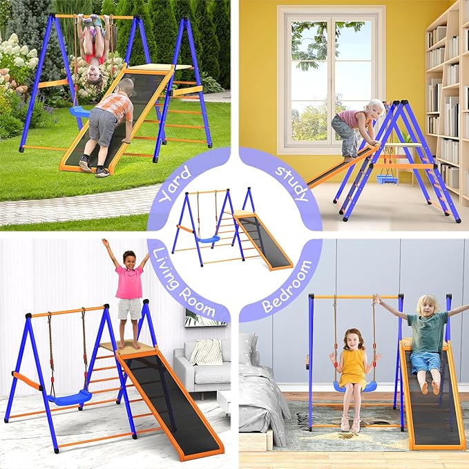 SPIDERCAMP Indoor Playground Toddler Jungle Gym 4-in-1 Indoor Jungle Gym for Kids,Indoor Climber Playset with Swing Indoor Slide,Sturdy Metal Kids Indoor Playset (S)