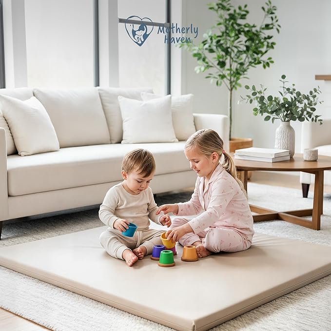 Motherly Haven Play Mat Cover Only – Fits 50x50x1 Rollable Foam Floor Mat for Babies – Waterproof, Easy to Clean Replacement Cover for Tummy Time & Crawling – Beige