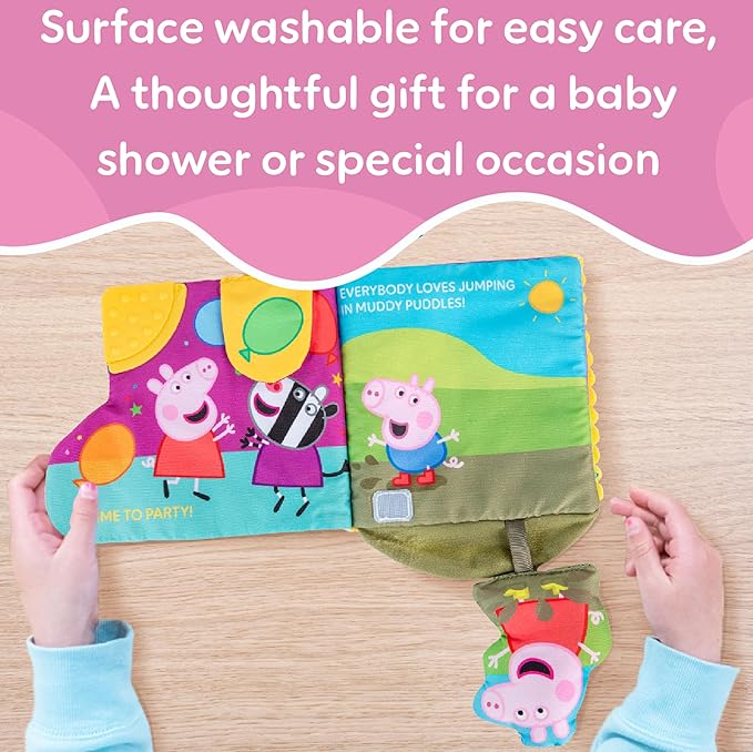 Kids Preferred Peppa Pig Soft Book with Ribbons, Teether Corner, Squeaker, Crinkle Pages, Flaps, On-The-Go Clip, Ages 0 Months and Up, 6.5 inches