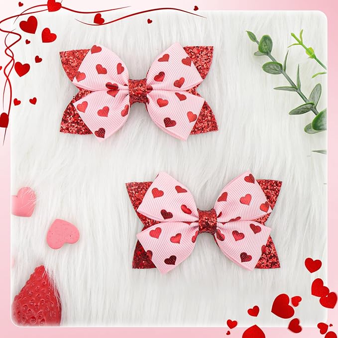 YanJie 3’’ 2Pcs Valentines Day Hair Bow Clips for Girls Pink Bows Hearts Hair Accessories for Women Glitter Hairpin Red Hair Clip