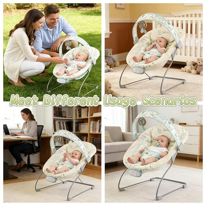 Portable Baby Bouncer Seat with 8 Melodies, 3 Vibration Levels & Adjustable Volume, Foldable Infant Bouncer Rocker with Safety Harness for Baby 0-6 Months, Indoor & Outdoor Use BR2404