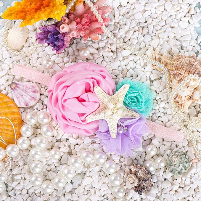 YanJie Mermaid Hairband - Aqua Lavender, Handmade Flower Headband with Starfish for Baby Girls, Newborn Hairbands for Daily Wear, Special Occasions, Photo Props, Birthday Party Gift