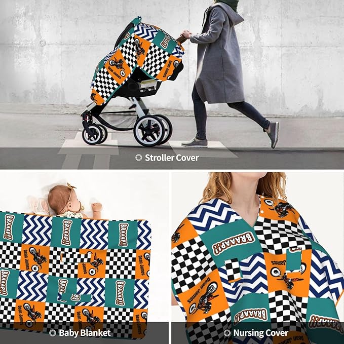 Personalized Baby Car Seat Canopy with Name – Custom Motocross Minky Nursing Cover for Boys, Soft Stroller Cover for Infants & Newborns, Carseat Canopy for Breastfeeding