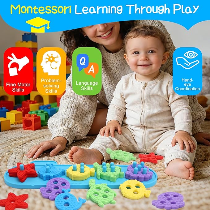 Silicone Blocks for Toddlers Aged 1-3 2-4, Montessori Toys for 1 Year Old Boy Girl Gifts, Sorting & Stacking Toy Soft Textured Educational Learning Toddler Baby Toys