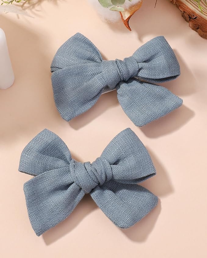 Jollybows 2pcs 3.2" Hair Bows Clips for Baby Girl Toddler Pigtail Neutral Linen Hair Clip Bows -Blue Denim
