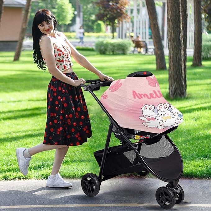 Personalized Baby Car Seat Cover for Babies, Custom Name Baby Car Seats Canopy for Girls, Nursing Breastfeeding Stroller Covers for Infant Newborn, Shower Gift for Baby (Cute Rabbit Pink)