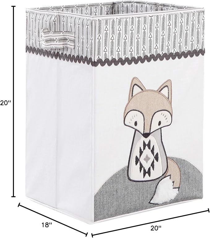 Levtex Baby - Bailey Nursery Hamper - Appliqued and Embroidered Fox - White Canvas with RIC Rac and Arrow Trim - Nursery Accessories - Size: 20x20x18in.