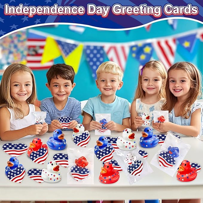 24 Pack 2'' Patriotic Rubber Ducks with Cards 4th of July Party Favors 250th Anniversary Baby Bath Toys Mini Duck Squeeze Squeak Summer Beach Pool Fourth July Supplies Red White Blue Gift Memorial Day