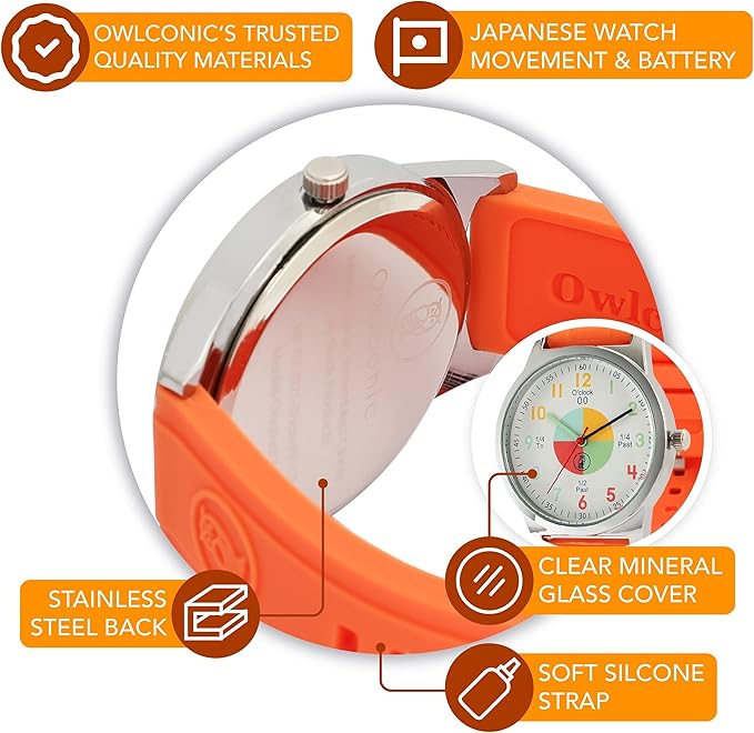 OWLCONIC Telling Time Teaching Clock - Bundled with Kids Watch. Learn to Tell Time Resources. Orange