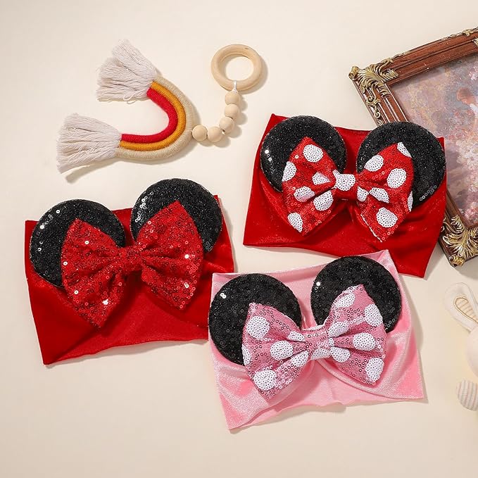 choicbaby 3 PCS 5 Inches Mouse Ears Sequin Bow Nylon Hairband with Polka Dot Cute Baby Headbands Soft Hairbands Hair Accessories for Newborn Infant Toddler Party Supplies