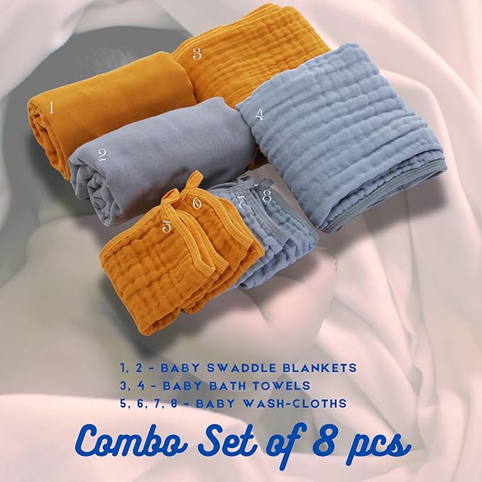 Tidy and Cozy Baby Essentials Set - Muslin Cotton and Viscose Derived from Bamboo - Hooded Bath Towels, Swaddle Blankets, Wash Cloths - Extra Soft & Highly Absorbent for Newborns, Infants, Toddlers