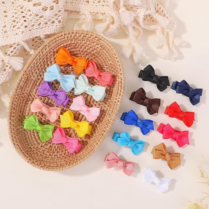Mini Fully Lined Grosgrain Ribbon Hair Bows Clips for Baby Girls with Fine Hair - 40PCS (20 Color Pairs)