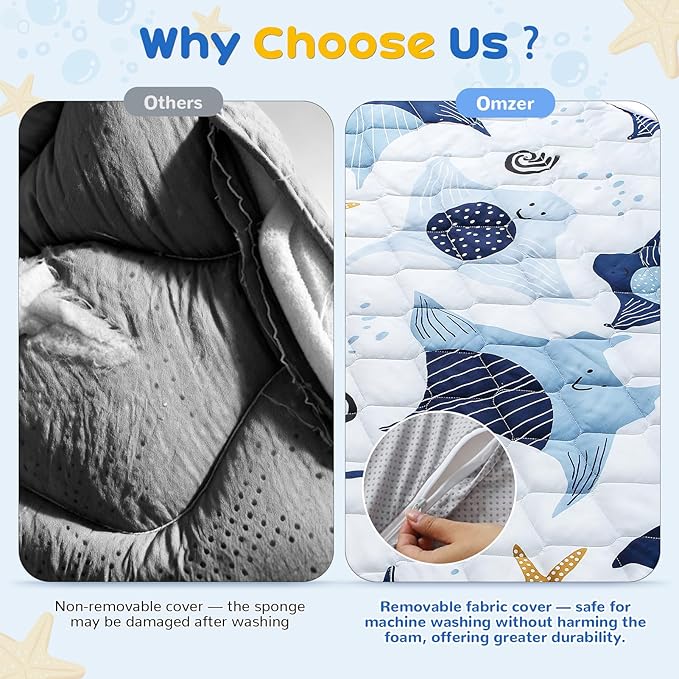 omzer Baby Play Mat, 47x47 Inch Removable & Machine Washable Cover for Easy Clean, 1.2" Thick Elasti-Foam Playpen Mat for Infants Toddlers, Non-Slip Floor Cushion for Safe Crawling - Blue