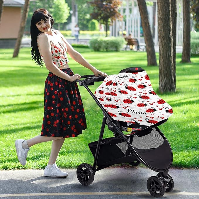 Personalized Ladybug Baby Car Seat Covers with Name, Custom Multiuse Nursing Breastfeeding Car seat Canopy, Infant Stroller Covers for Newborn Girl Boy, Ultra-Soft Breathable, Nursing Scarf